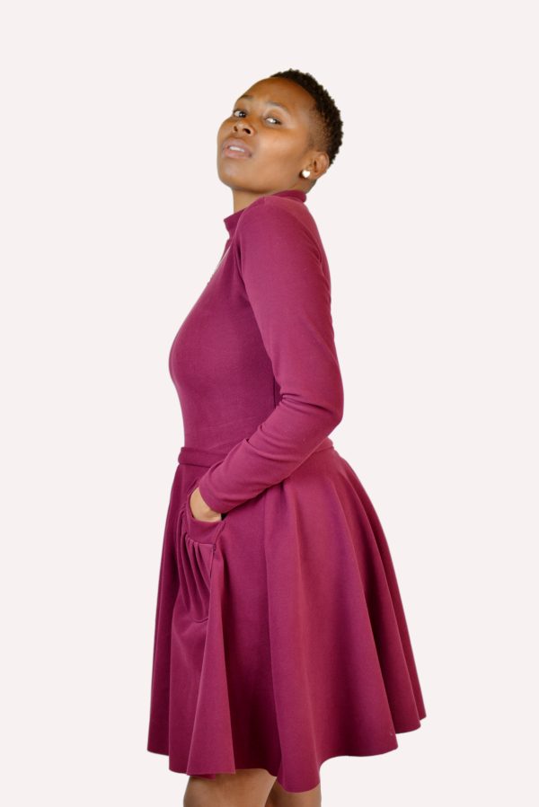 Maroon short skirt with front pockets and a matching polo neck body suit - Image 4