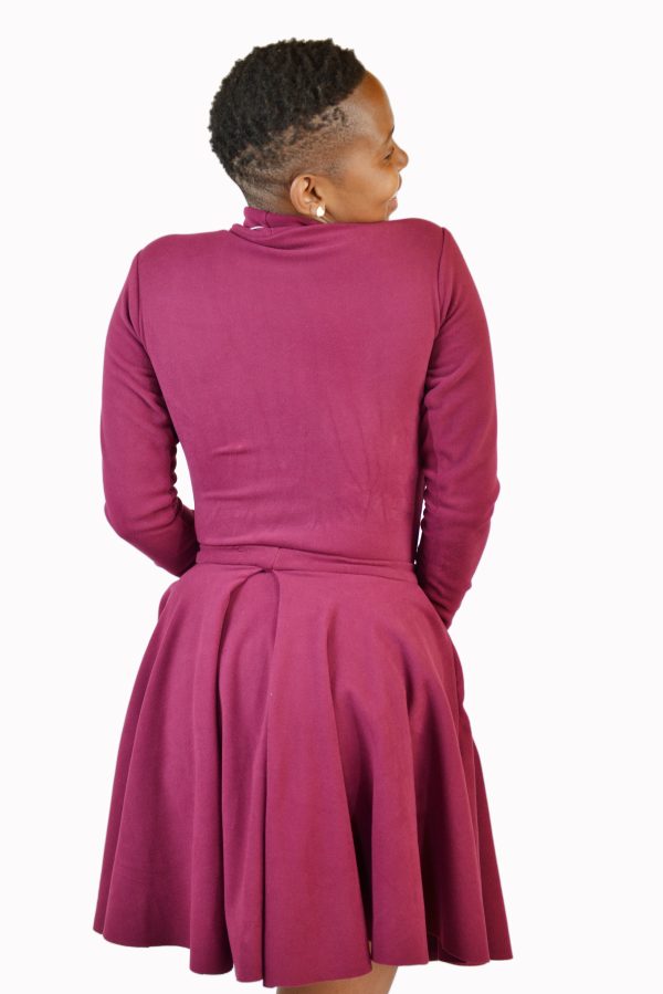 Maroon short skirt with front pockets and a matching polo neck body suit - Image 3